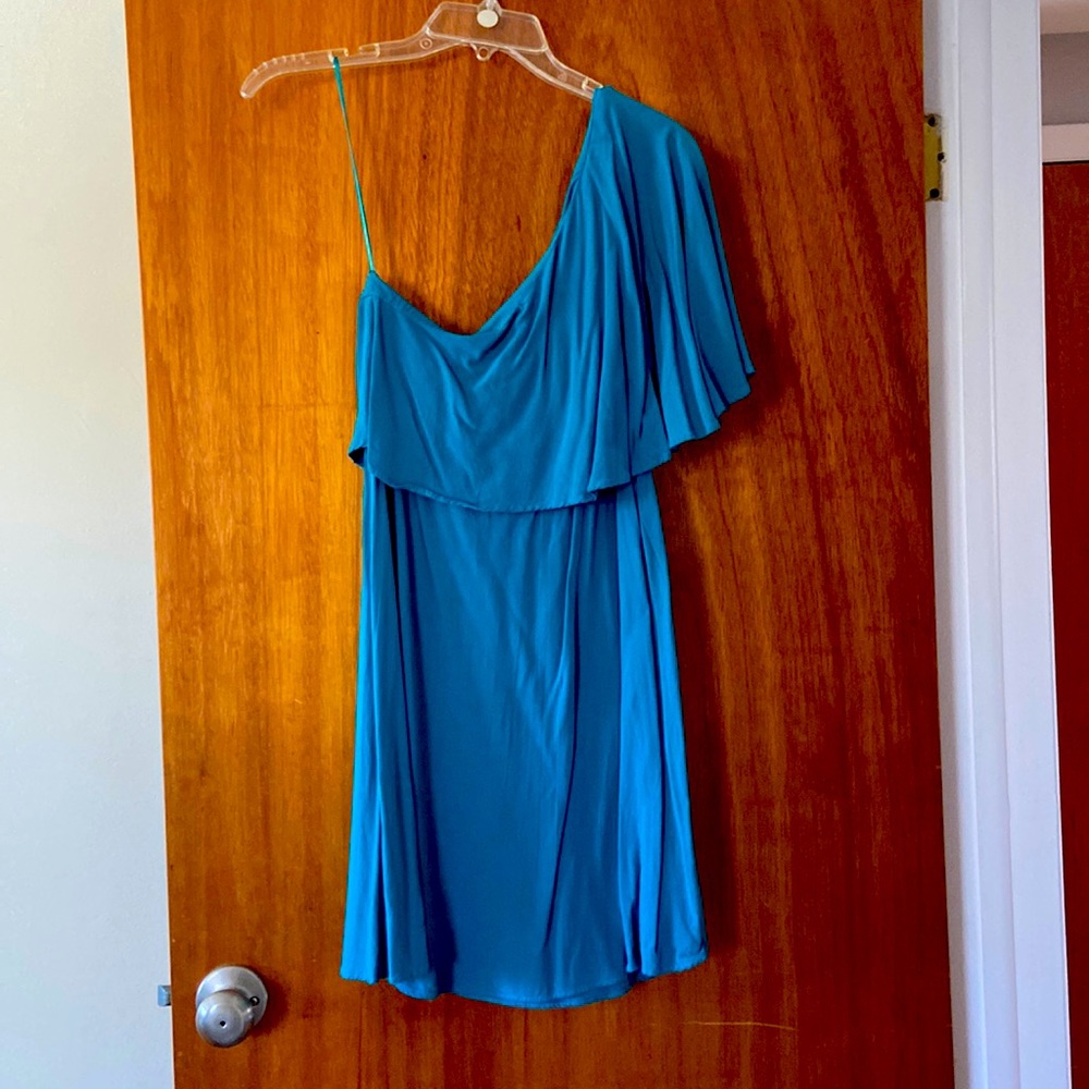 Teal, one shoulder shift dress